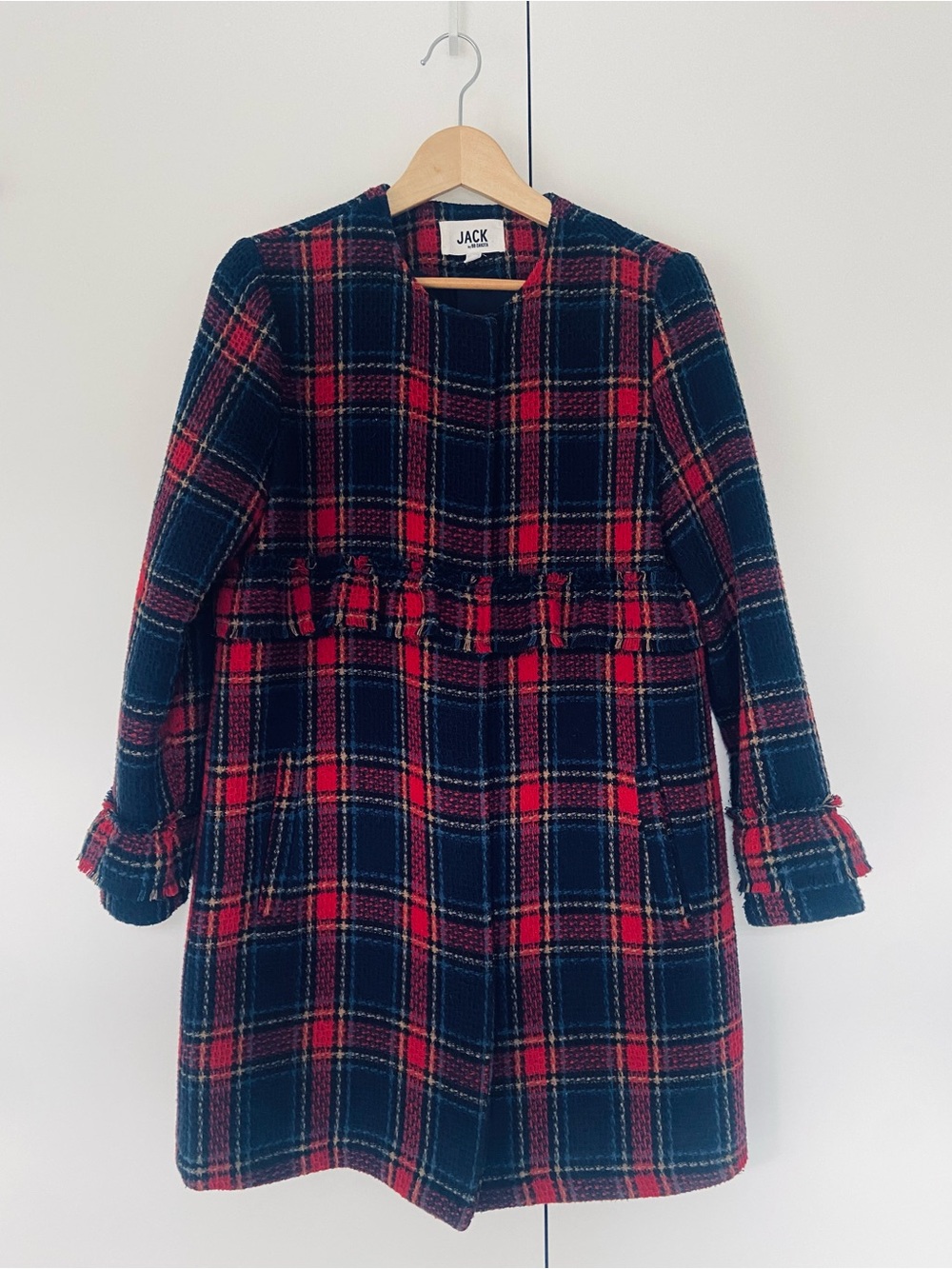 JACK BB Dakota Plaid Tweed Jacket Red Navy Small Ruffle Snap Button EUC